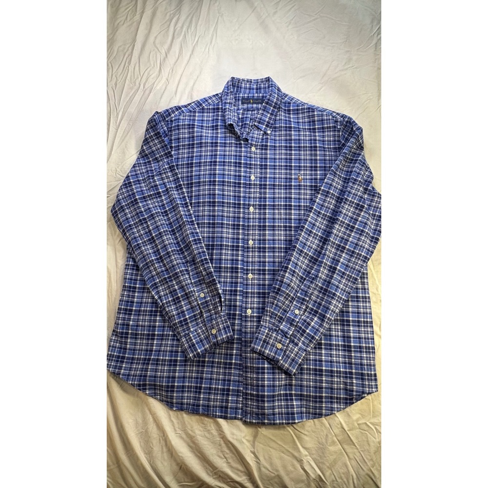 Ralph Lauren Mens Plaid Button Down Shirt Long Sleeve Polo‎ Pony Logo Blue XXL